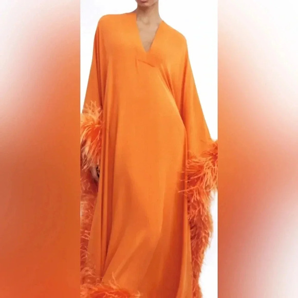 Vintage 1970’s Couture style  Fashion Satin Osteich Feather Trim Kaftan dress - Picture 1 of 15